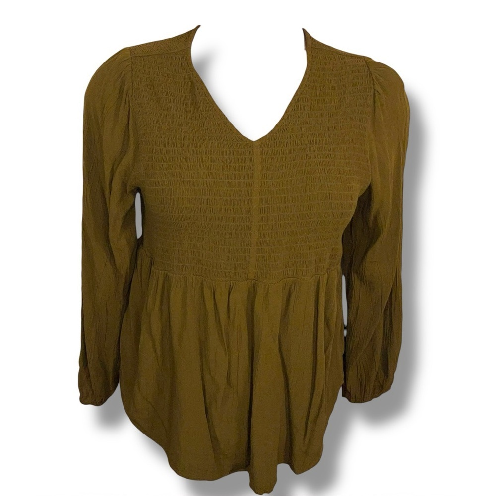 0x Sonoma Green Smocked Boho Peasant Top Vneck Bohemian Stretch